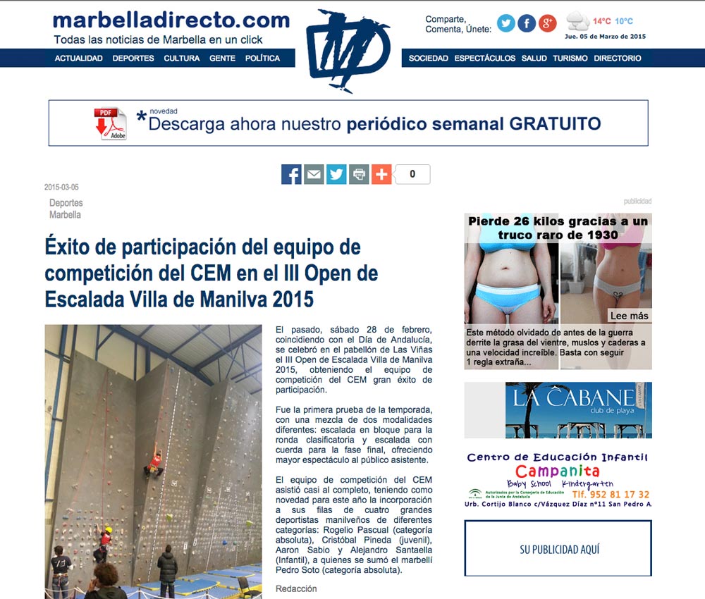 Éxito de participación del equipo de competición del CEM en el III Open de Escalada Villa de Manilva 2015
