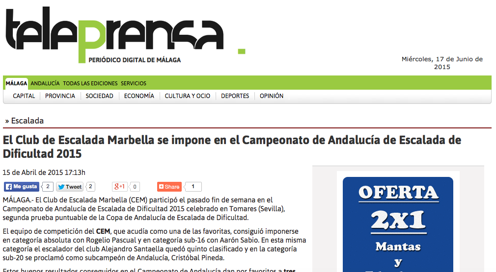 El Club de Escalada Marbella se impone en el Campeonato de Andalucía de Escalada de Dificultad 2015
